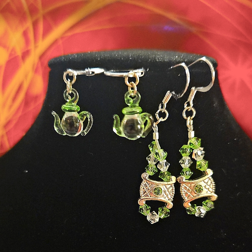Fantasy Green Glass Crystals Silvertone Earrings Bundle